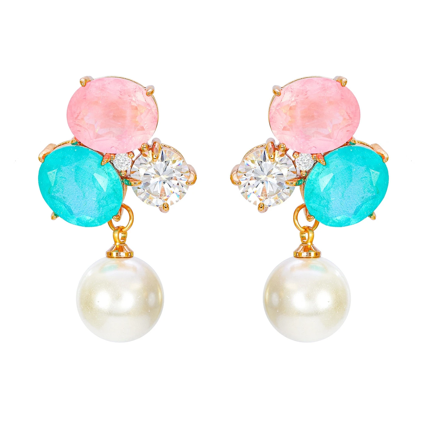 

High Quality Lab Pink Blue Paraiba Tourmaline Green Color Gem Stone Pearl Drop Earrings Women Real Gold Plated Jewelry 2024 New