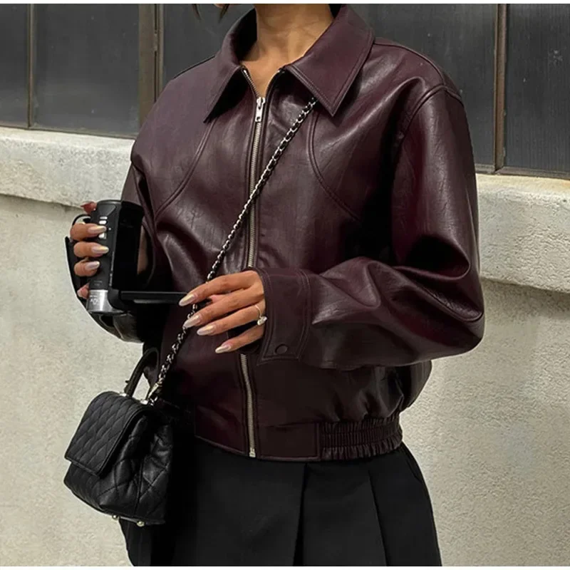 

Women Elegant Solid Zipper Short Bomber Leather Chic Lapel Long Sleeves Cropped Jackets 2024 New Female Party Fashion Streetwaer