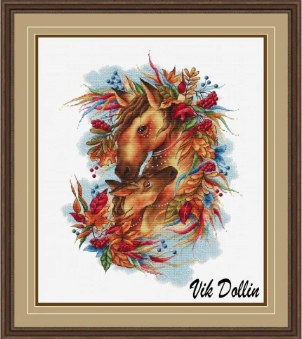 

Набор для вышивания крестиком 23-«Осенний вдох»: Лошадь и жеребенок. Наборы для вышивания крестиком Homfun Craft. Декоративные вышивки для дома.