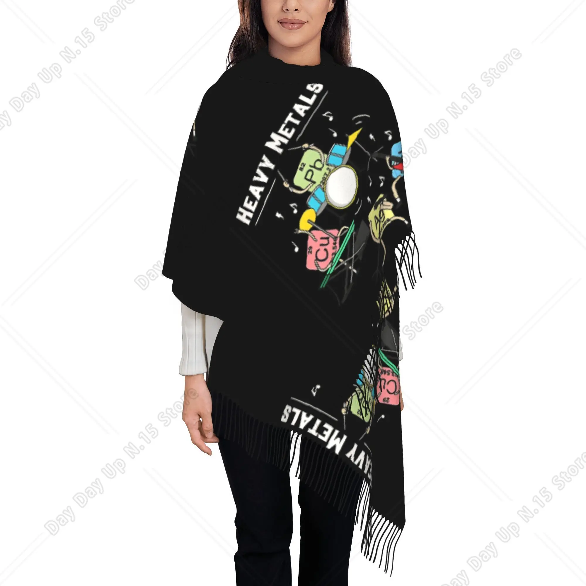 Nerdy Science Heavy Metals Pun Pattern Tassel Shawl, Unique Music Lovers Outer Cape Cover Up