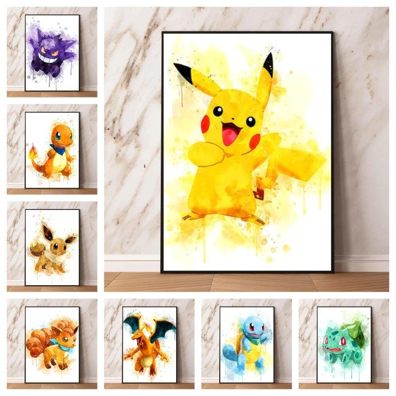 1PC  Print on Canvas Pokemon Themed Poster Pikachu Watercolor Wall Decor High Quality Living Room Kids Room Ideal Decoration