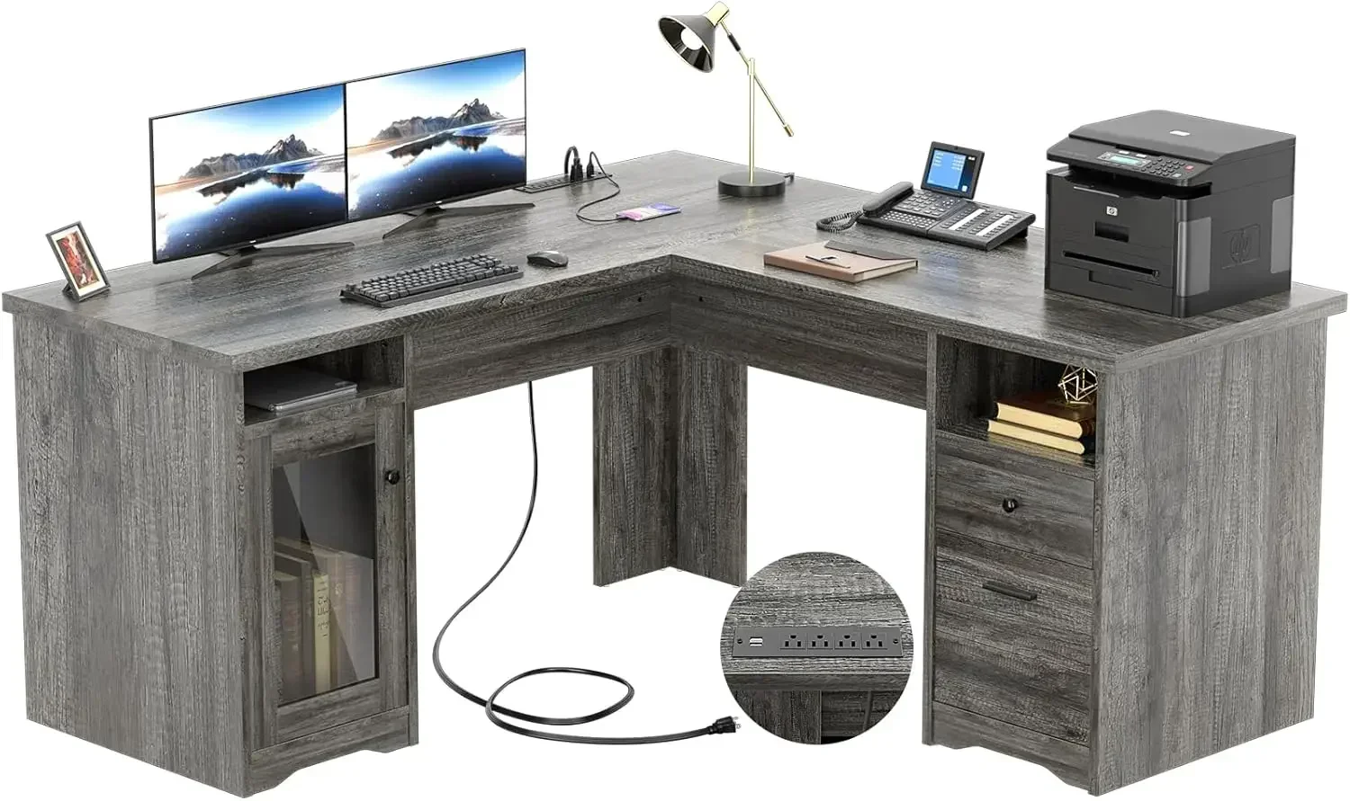 

L Shaped Desk with Drawers, 60 Inch Corner Computer Desks with USB Charging Port,Home Office Table with File Cabinet, Black Oak