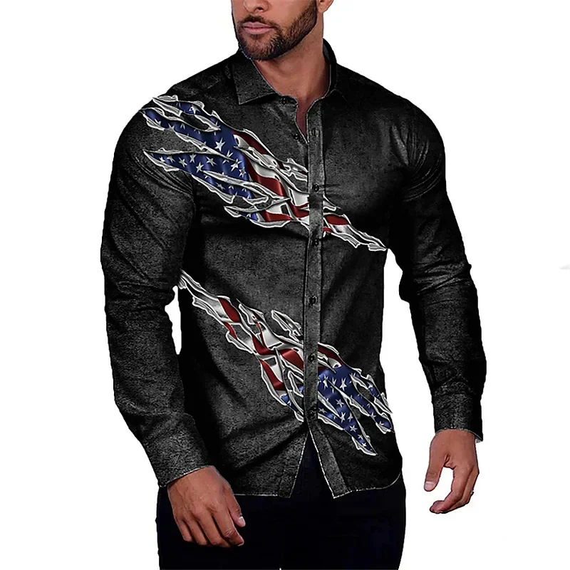 Shirt Men's American Flag Skull Fashion Casual Sports Running Fitness Comfortable Soft 2023 New Long Sleeve Lapel Shirt Men's