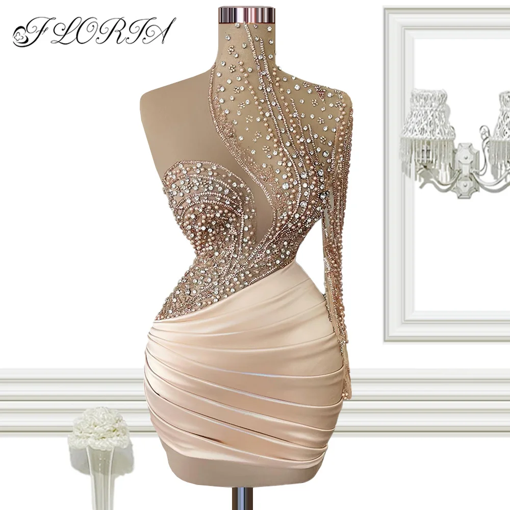 Sexy Champagne Pearls Beads Evening Cocktail Dress 2023 High Neck One Shoulder Short Prom Dress Graduation robes cocktail soirée