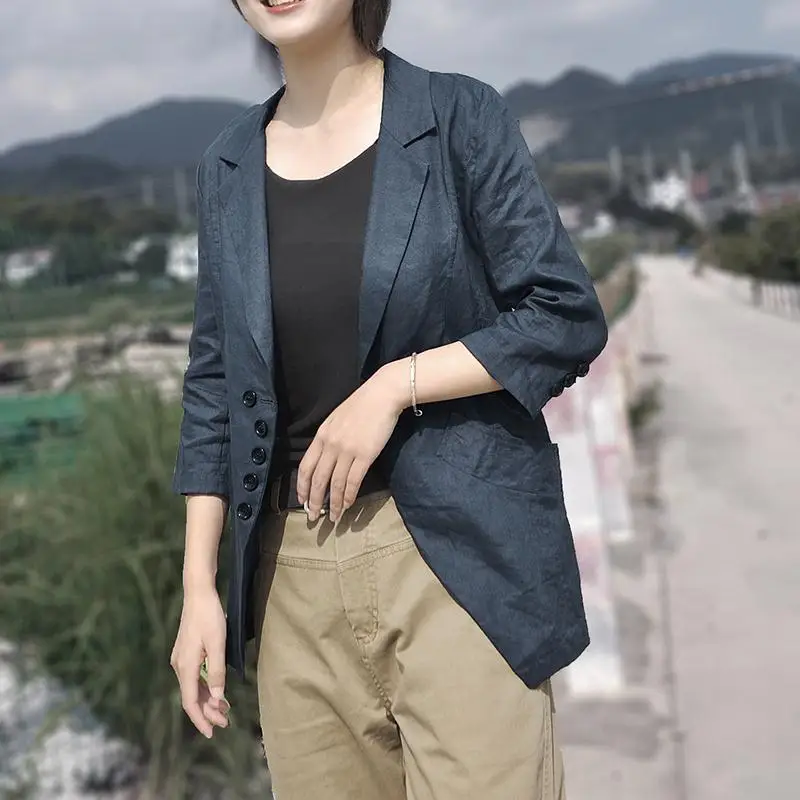 Office Lady CasualWomen's Clothing Neutral Notched Three Quarter Sleeve Solid Blazers Color Skinny Pockets Button Simplicity