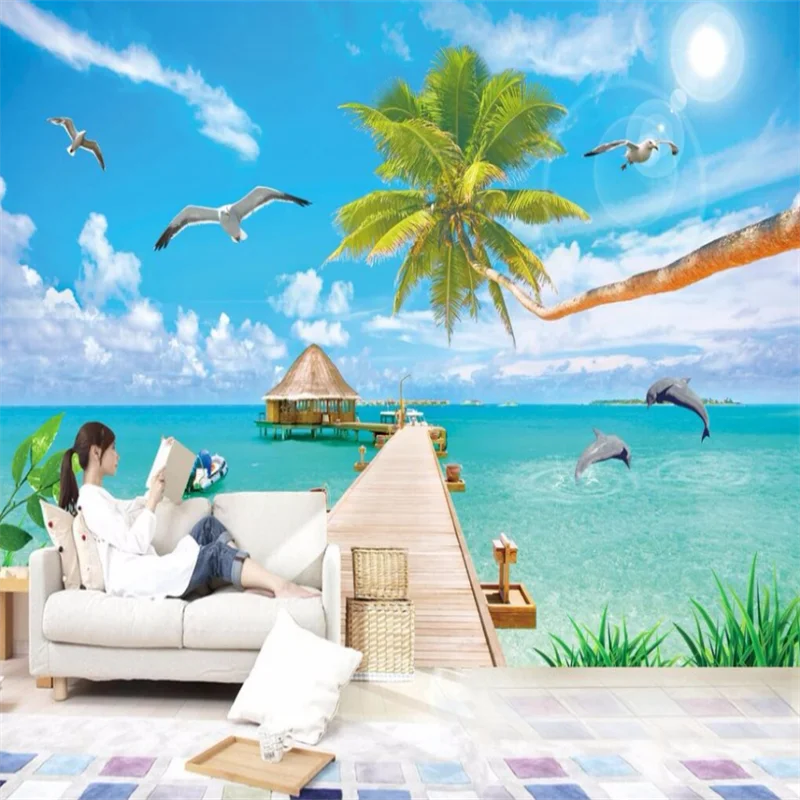 wellyu  papel de parede Custom wallpaper Coconut trees bridge sea view landscape Mediterranean living room TV background  wall