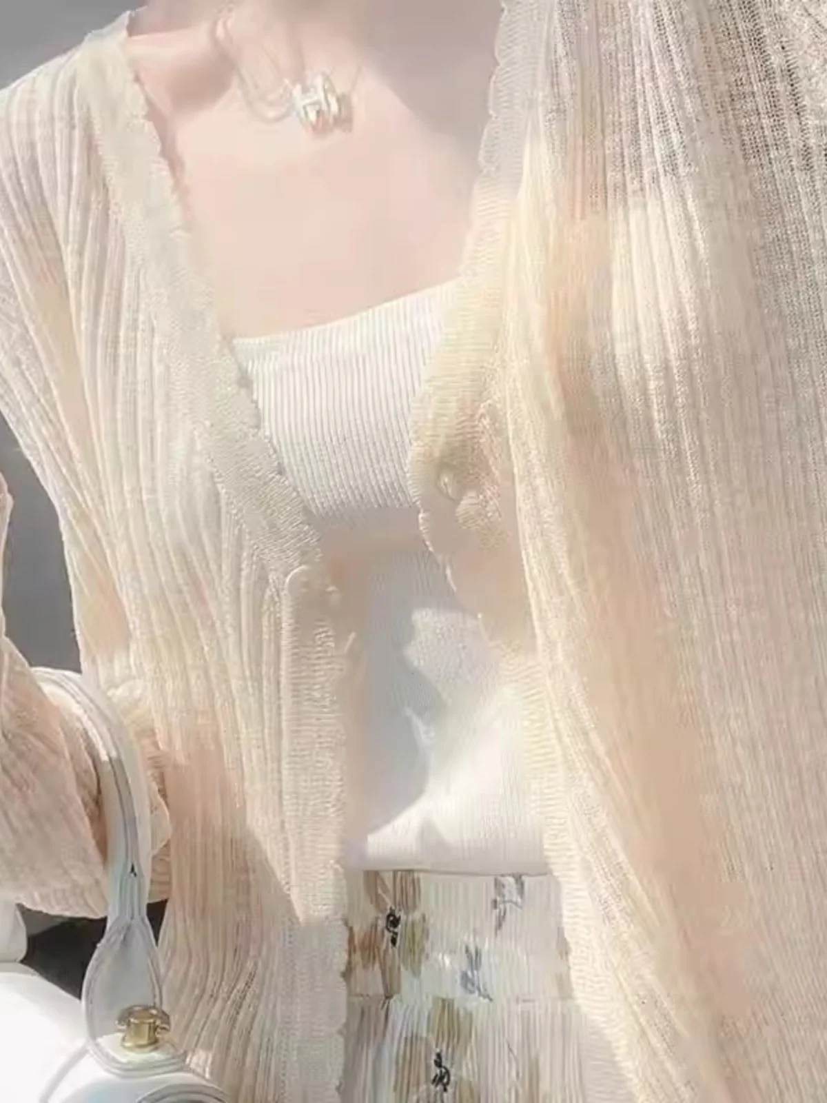 

Ice Silk Knitted Summer Lightweight Sun Protection Cardigan Women's Vest Top with Strap Skirt Shoulder Shawl Outer Cover up