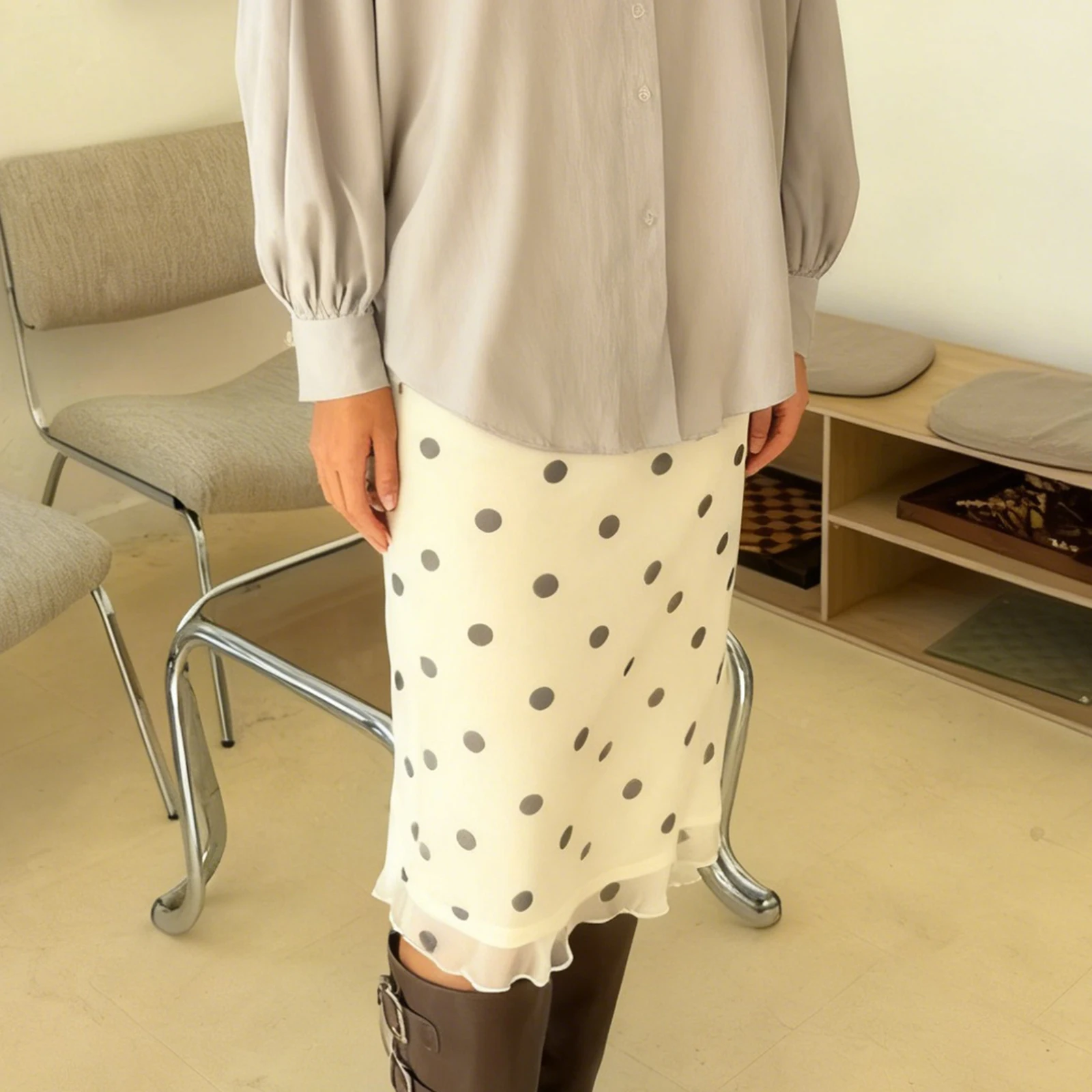 Womens Elegant Polka Dots Midi Skirt Lace Trim A line Sheer Mesh Pencil Long Skirts Summer Flowy Long Skirt Going Out