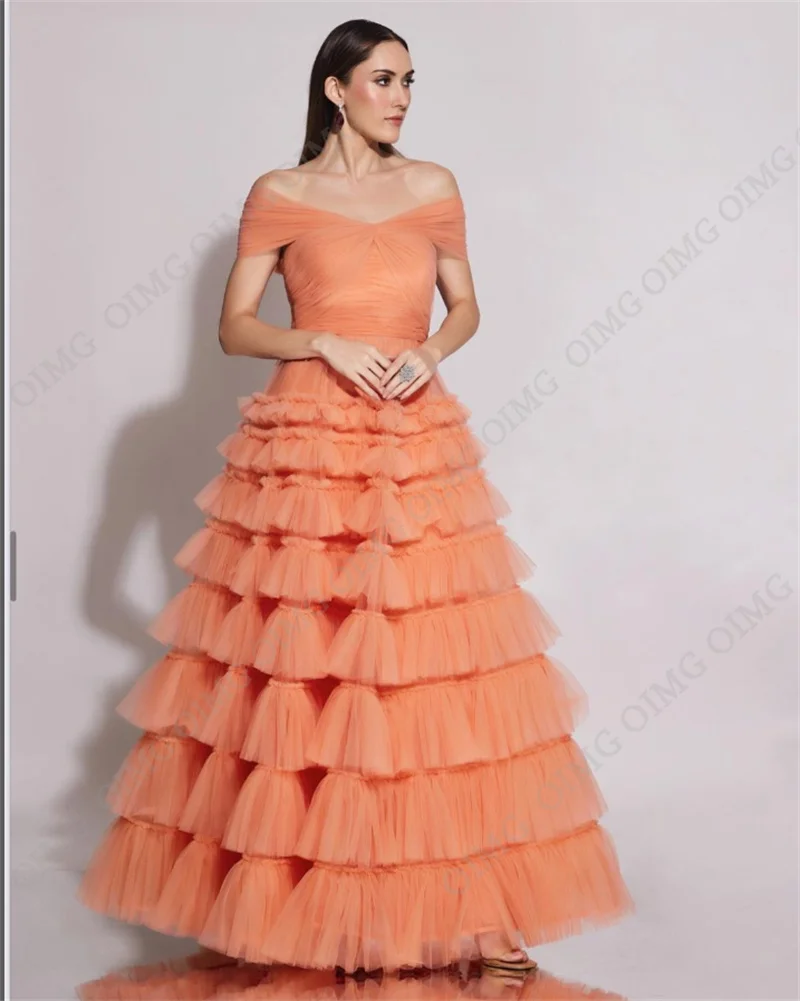 OIMG Orange Tulle Off Shoulder Long Prom Dresses Pleated Floor Length Custom Saudi Arabia Evening Gowns Formal Party Dress