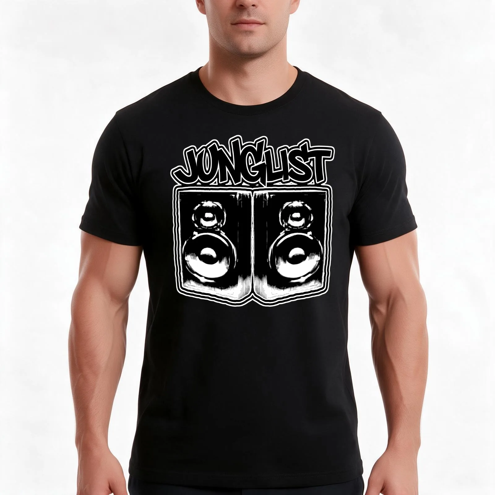 Junglist-Double Speaker-B+W T-Shirt, Summer Casual Cotton Tee, Oversized Streetwear Tops, Vintage Graphic Print, 100% Cotton