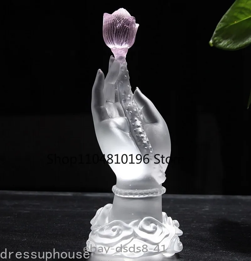 Buddha Liu Li Crystal Hand Statue Lotus Flower Shine Altar Buddhism Zen Decor