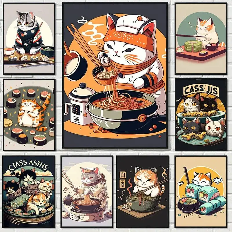 Póster Gourmet de Chef de gato de Sushi japonés, cuadro sobre lienzo artístico de gato samurái para decoración de pared de cocina y comedor