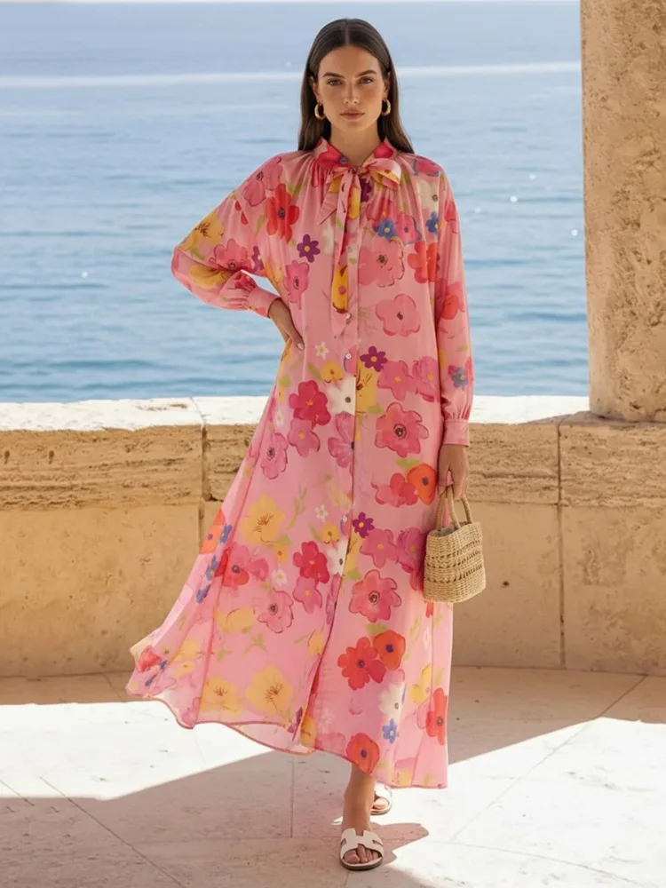 Freeacy 2026 Damen Buntes Blumenmuster Süßes Kleid mit Schleifenkragen, Langen Ärmeln, Locker Geschnitten, Knopfleiste, Midi-Länge, Partykleid