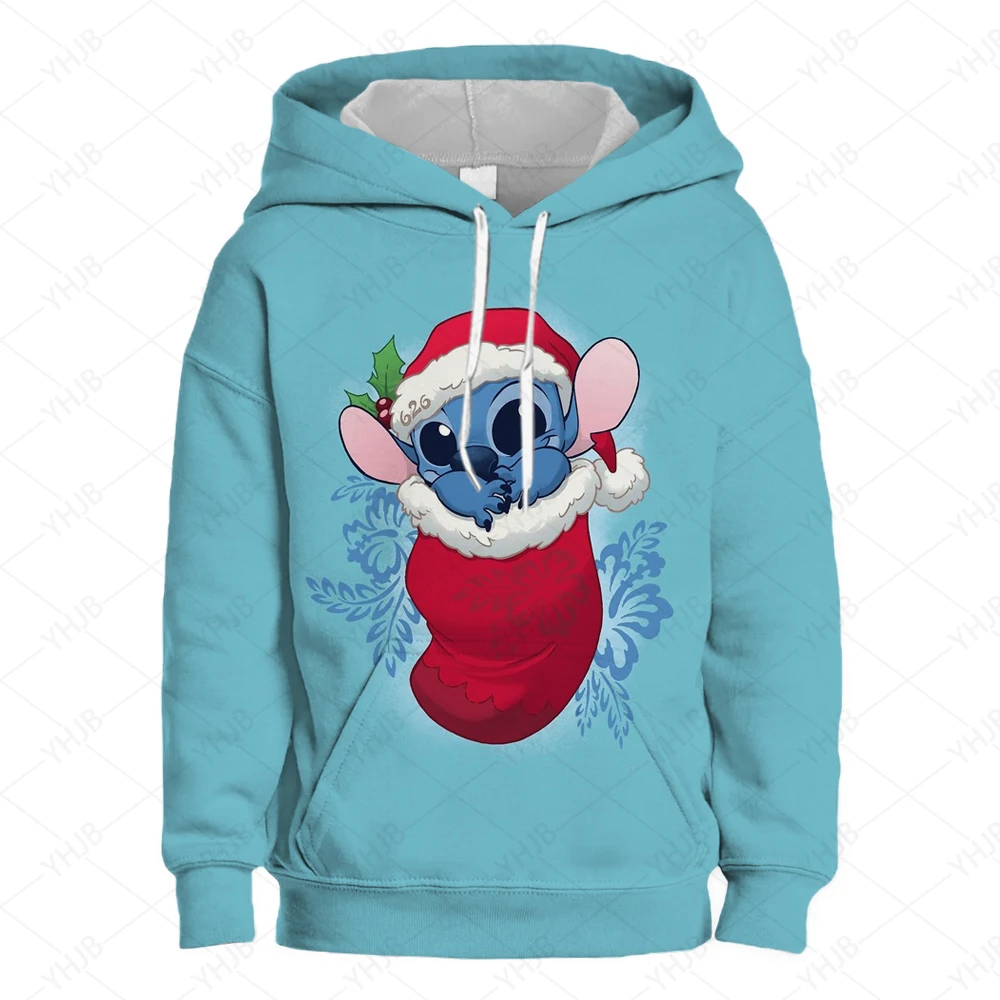 2024 New Disney Children Clothes Stitch Girls Merry Christma Girls Short Sweatshirt Print Pullover Casual Cartoon Girls Top