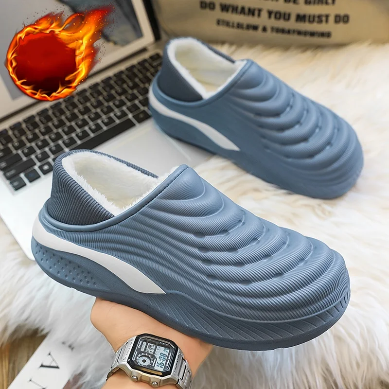 Large Size Men's Full-Coverage Cotton Slippers for Winter, Eva Integrated Waterproof, Fleece-Lined, Thickened, Lightweight, Cold-Resistant, Closed-Toe Cotton Slippers
