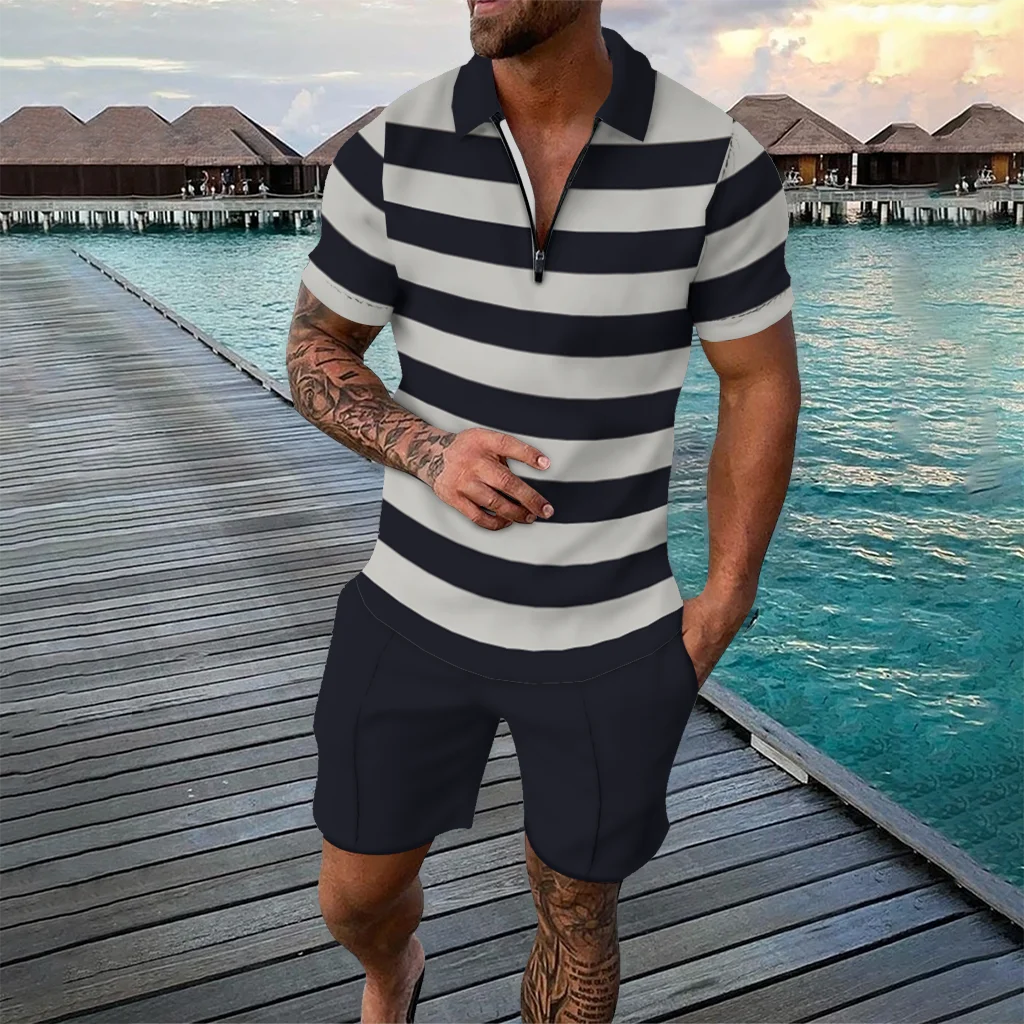 

Funny 3D Stripe Print Men's Sets Casual Short Sleeve Polo Shirts Shorts 2 Piece Outfit Fashion Zip Tops Summer Street Loose Suit