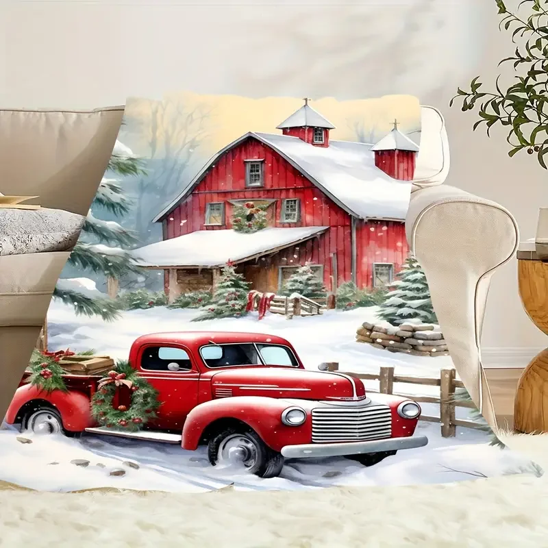 Escena navideña de nieve, regalo de camioneta roja, manta de franela, decoración navideña cálida, regalo de Navidad, cama