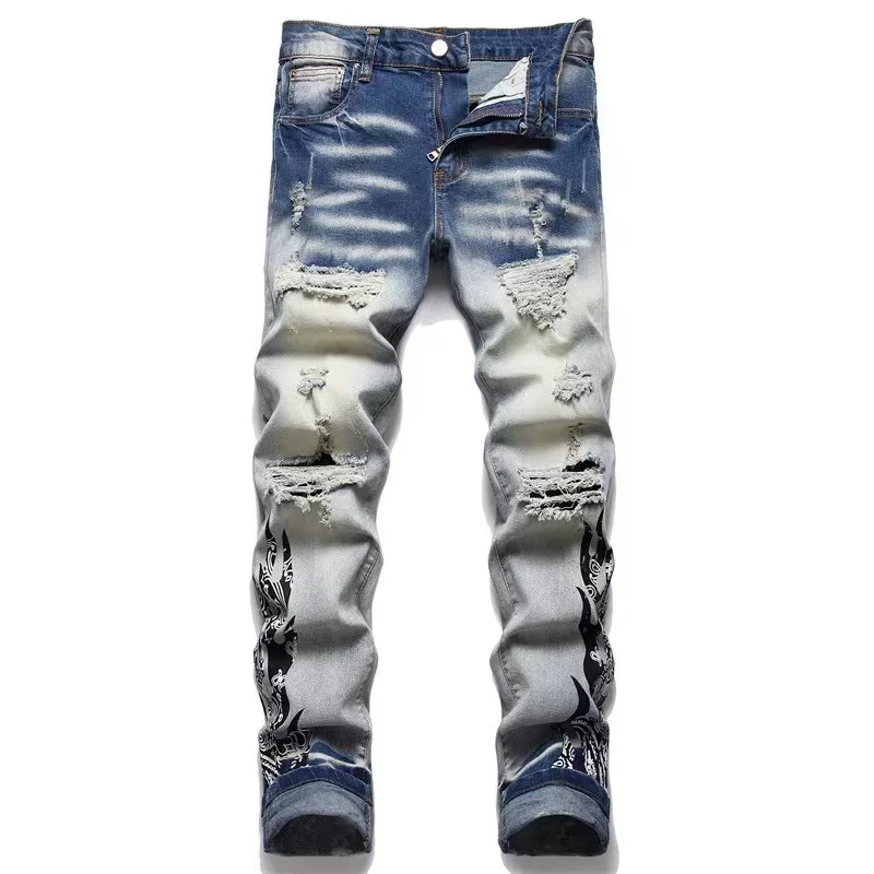 EH·MD® Embroidery Flame Men's Jeans with Shattered Holes High Elasticity Soft Breathable Bleaching Trend Cat Beard Wear Gradient