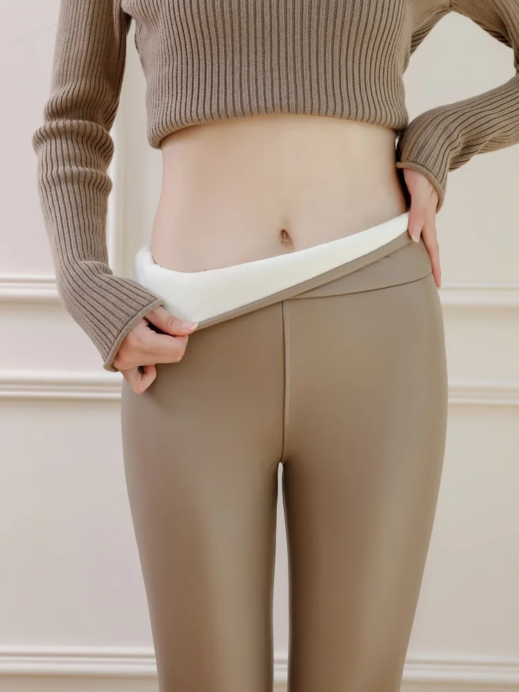 PU Super Quality Winter Women Large Size Khaki Leather Pants Lamb Velvet Leggings High Waist Fleece Lined Windproof Thickened
