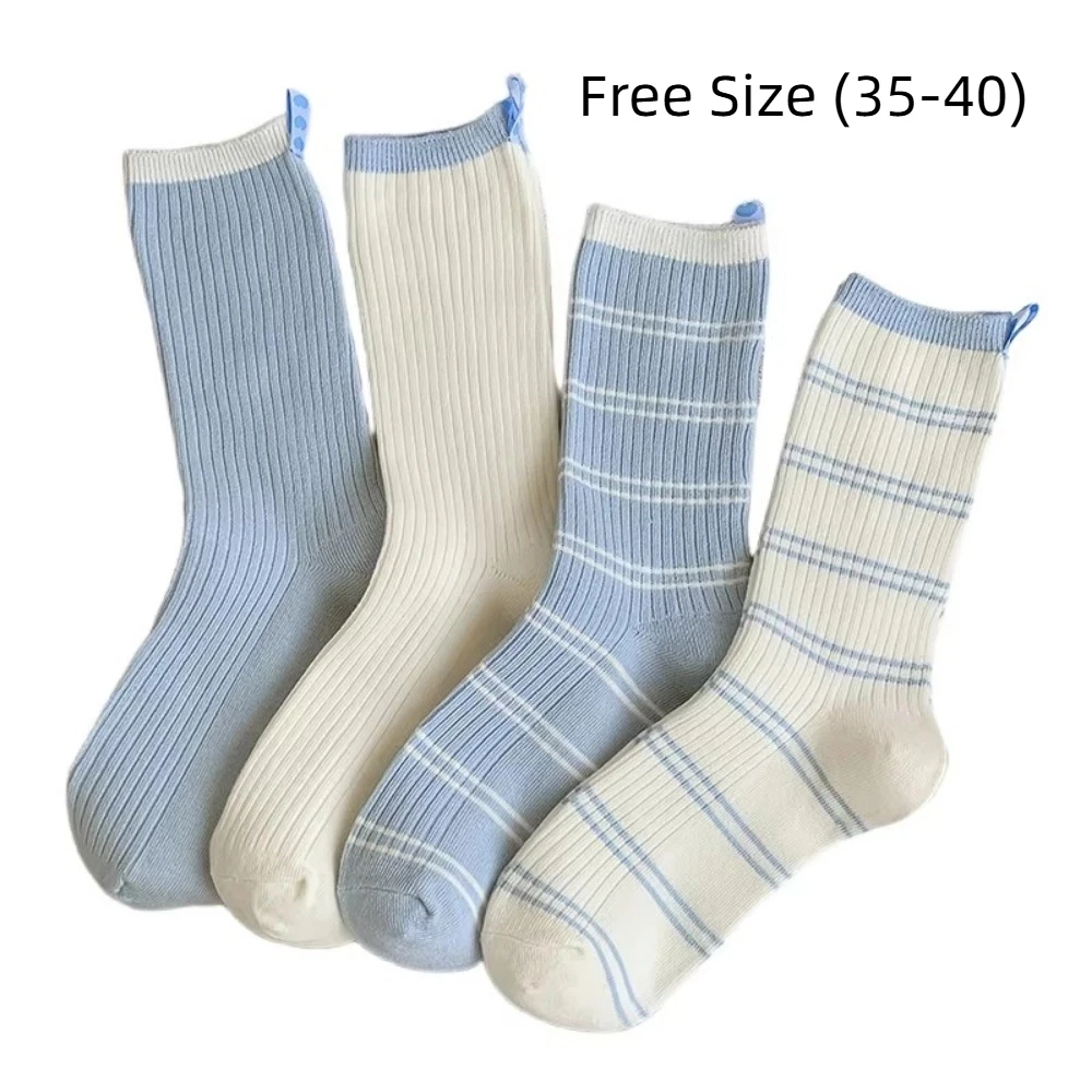 Calzini casual da donna in cotone Calzini a tubo centrale a righe blu di colore misto Calzini lunghi traspiranti Primavera e autunno