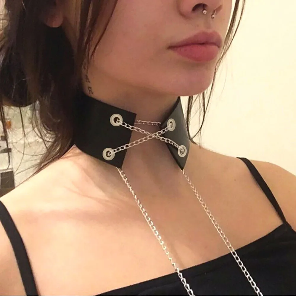 Punk Harajuku Cute Hot Girl Sweet and cool Metal chain Adjustable Multicolored Stainless steel Leather Necklace Clavicle chain