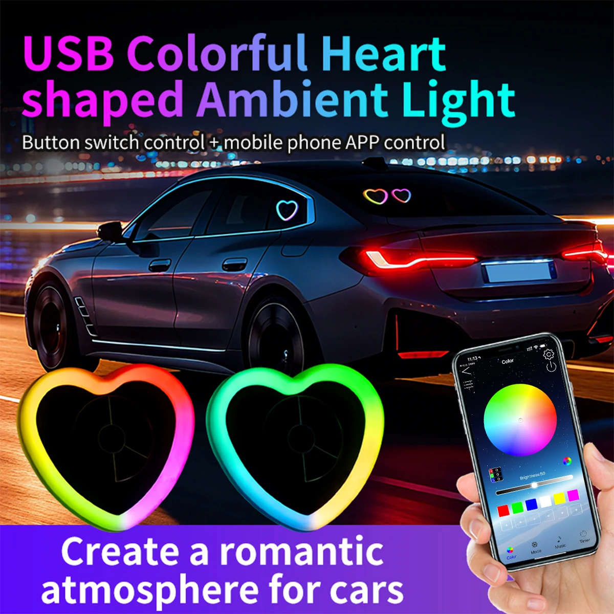 Car Neon Light Symphony Triangle Window LED Ambient Light with Suction Cup USB APP Control Interior Atmosphere Breathing Lamp