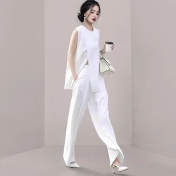 High Quality Summer White Pants Suits Women O Neck Sleeveless Split Loose Tops +Wide-Leg Trousers Suit Lady Office Two Piece Set