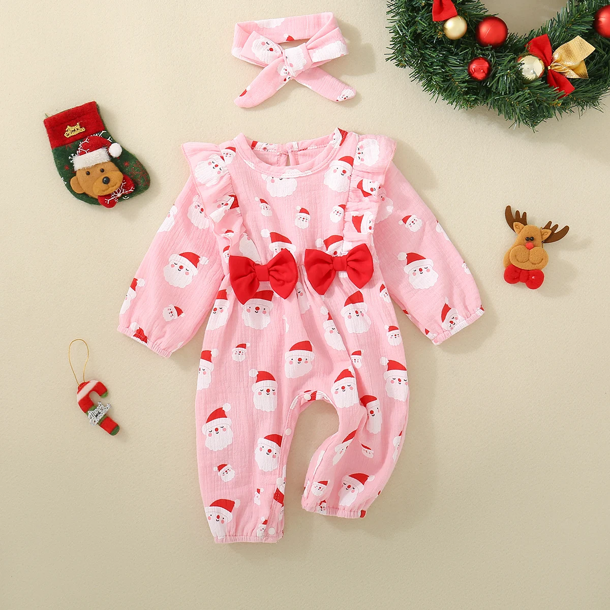 Spring Autumn Baby Girl Santa Claus Long Sleeve Bowtie Romper with Headband Sweet And Cute Infant Clothing Accessory
