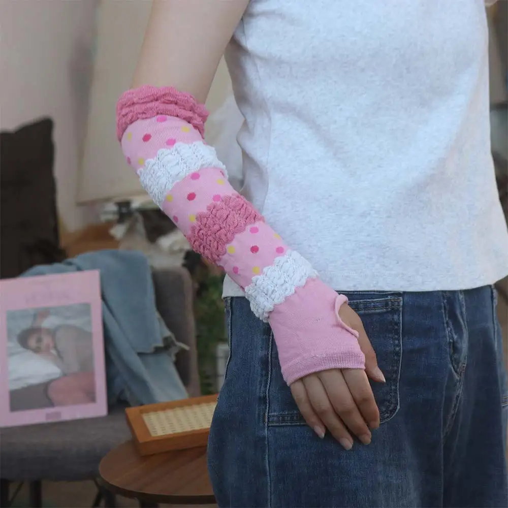 2 أزواج طويلة Y2K محبوك أكمام أذرع تبريد الوردي نقطة الشمس حماية JK لوليتا واقية من الشمس قفازات اليد مرنة المضادة للأشعة فوق البنفسجية #2