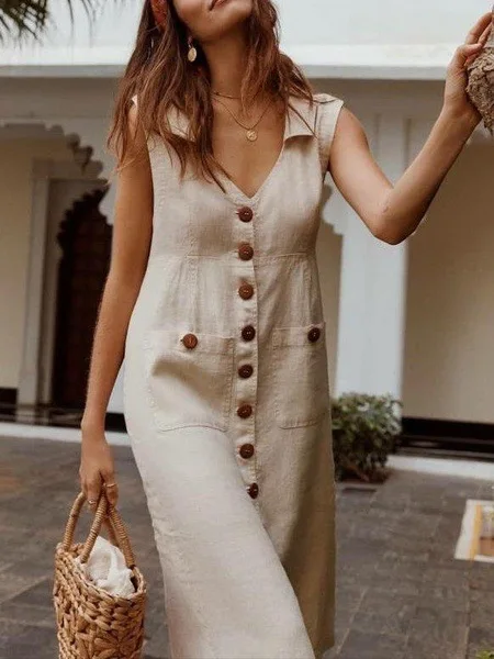 

Elegant Solid Sleeveless Cotton Linen Dress Women Sexy Deep V Lapel Buttoned Pocket Knee Length Dreses 2024 Summer Fashion New