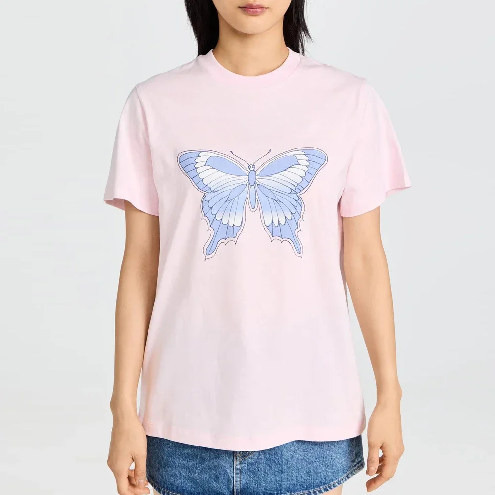 

Spot 2023 New Butterfly Print Round Neck Casual Loose Cover Simple Short Sleeve T-shirt Blouse Women