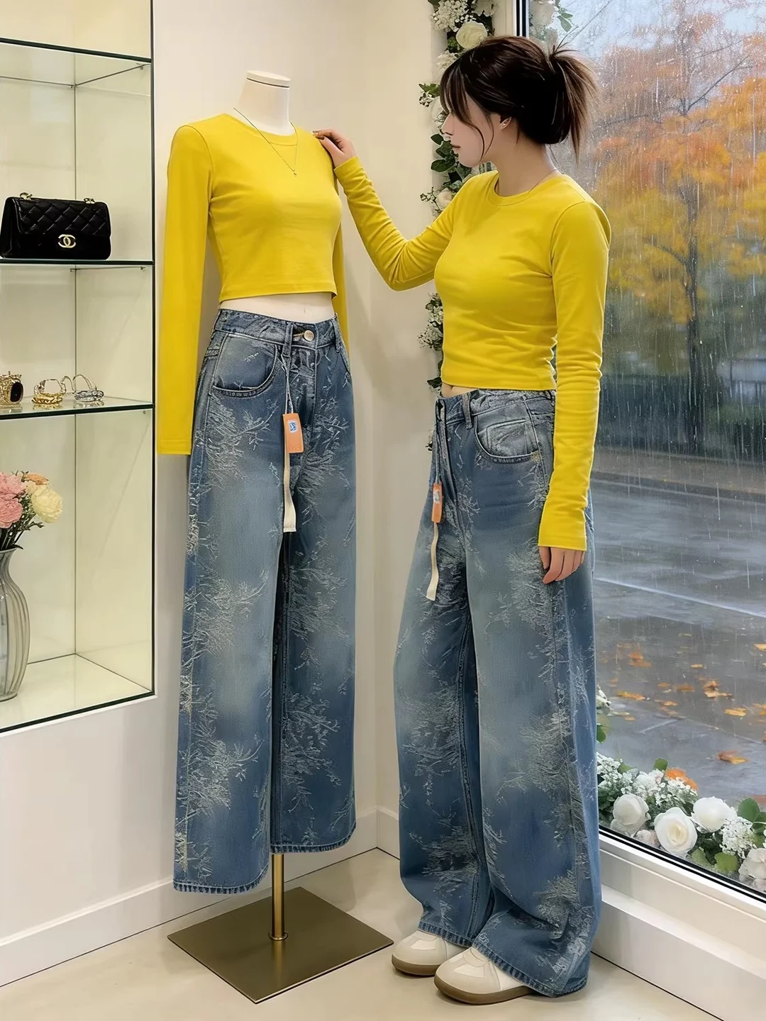 

Retro American Large Size Embroidered Denim High Waist Loose Straight Leg Wide Leg Pants Women's plus Size Slimming Jeans