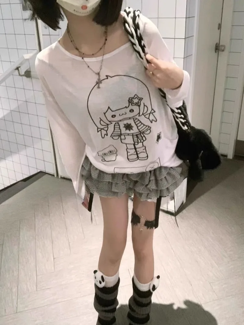 Kimotimo Sweet Cartoon Print Long Sleeve T-shirts Women Summer Lazy Sheer Versatile Thin Tops Japanese Y2k Aesthetic Casual Tees