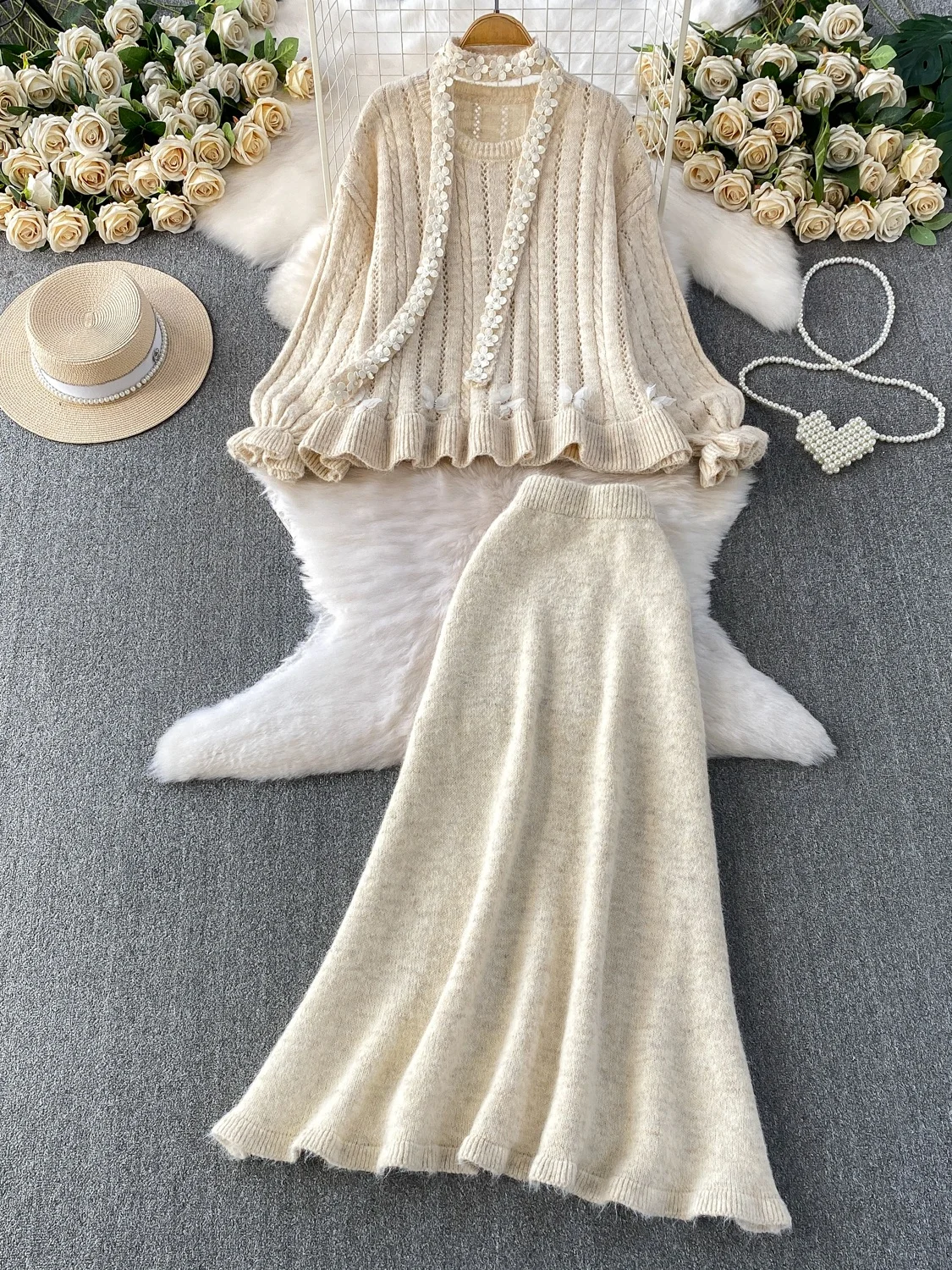 مجموعة من قطعتين من سترة الخصر المكشكشة والمحبوكة من Ele ثقيلة الوزن مع تنورة مكونة من قطعتين للنساء #2