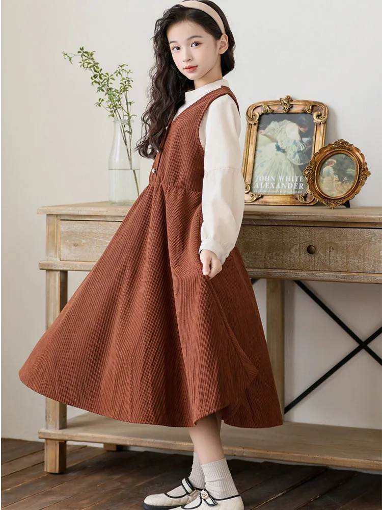 Tween Girls Dresses Tan Black Clothing Winter Party Girls' Dress Long Sleeve Elegant Junior Dresses For Teen Girls New 2024