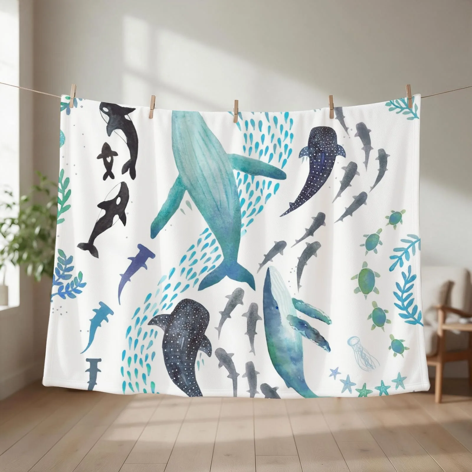 Sharks, Humpback Whales, Orcas & Turtles Ocean Play Print Throw Blanket couch cozy soft plush fuzzy picnic outdoor blanket