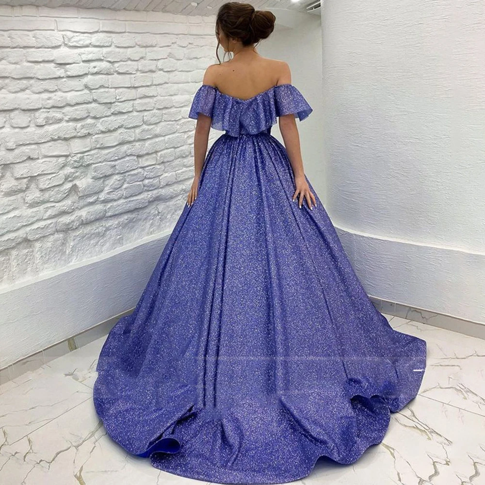 Sexy Luxury Shiny Off Shoulder Prom Dress Ruffle Sleeves Zip A-Line Ladies Evening Dress Party Dress Vestido De Noche Fashion