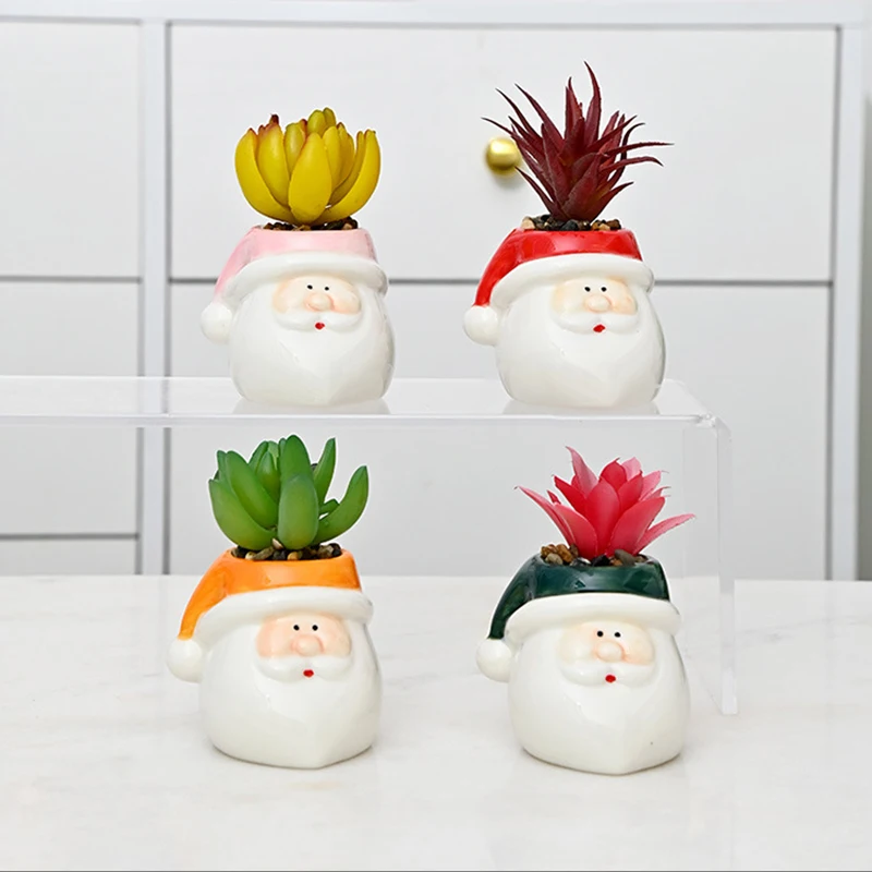 Santa Claus Ceramic Planter Creative Human Head Succulent Plant Pot Home Desktop Ceramic Vase Ornament Home Decor Christmas Gift