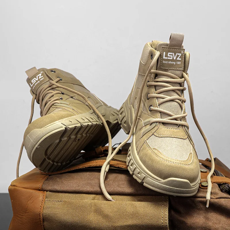Men's Retro High-Top Work Boots Non-Slip Durable Multi-Terrain Hiking Shoes Comfortable Tactical Desert Outdoor Footwear for Men