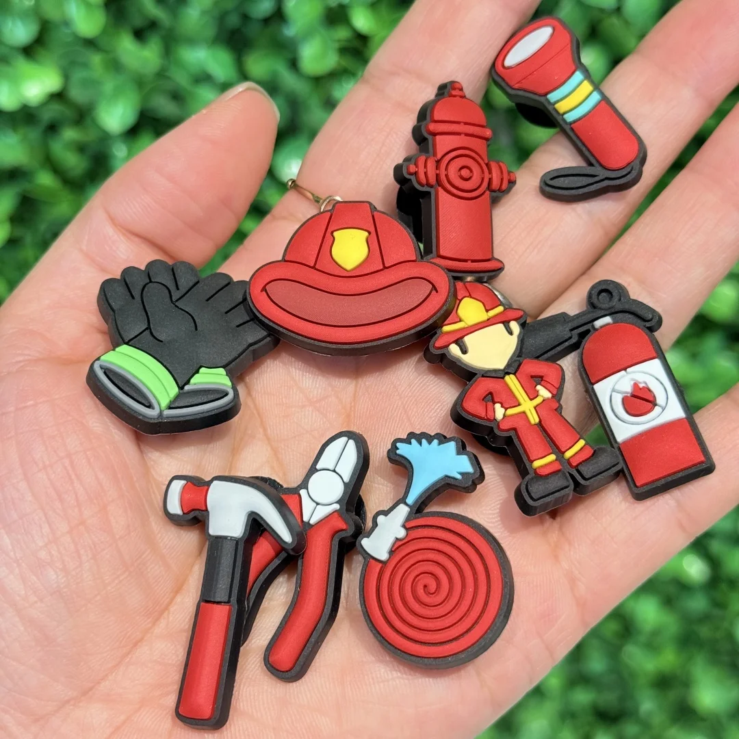 1/9Pcs Fireman Helmet Hammer PVC Shoes Buckle Charms Fire Hydrant Kids Clog Designer Accessories DIY Bracelet