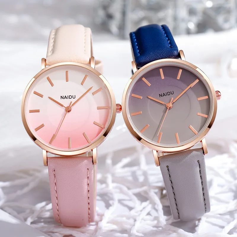 Retro regenboog design polshorloge lederen band analoog legering mooi schattig meisje eenvoud elegant temperament horloge veelzijdige klok