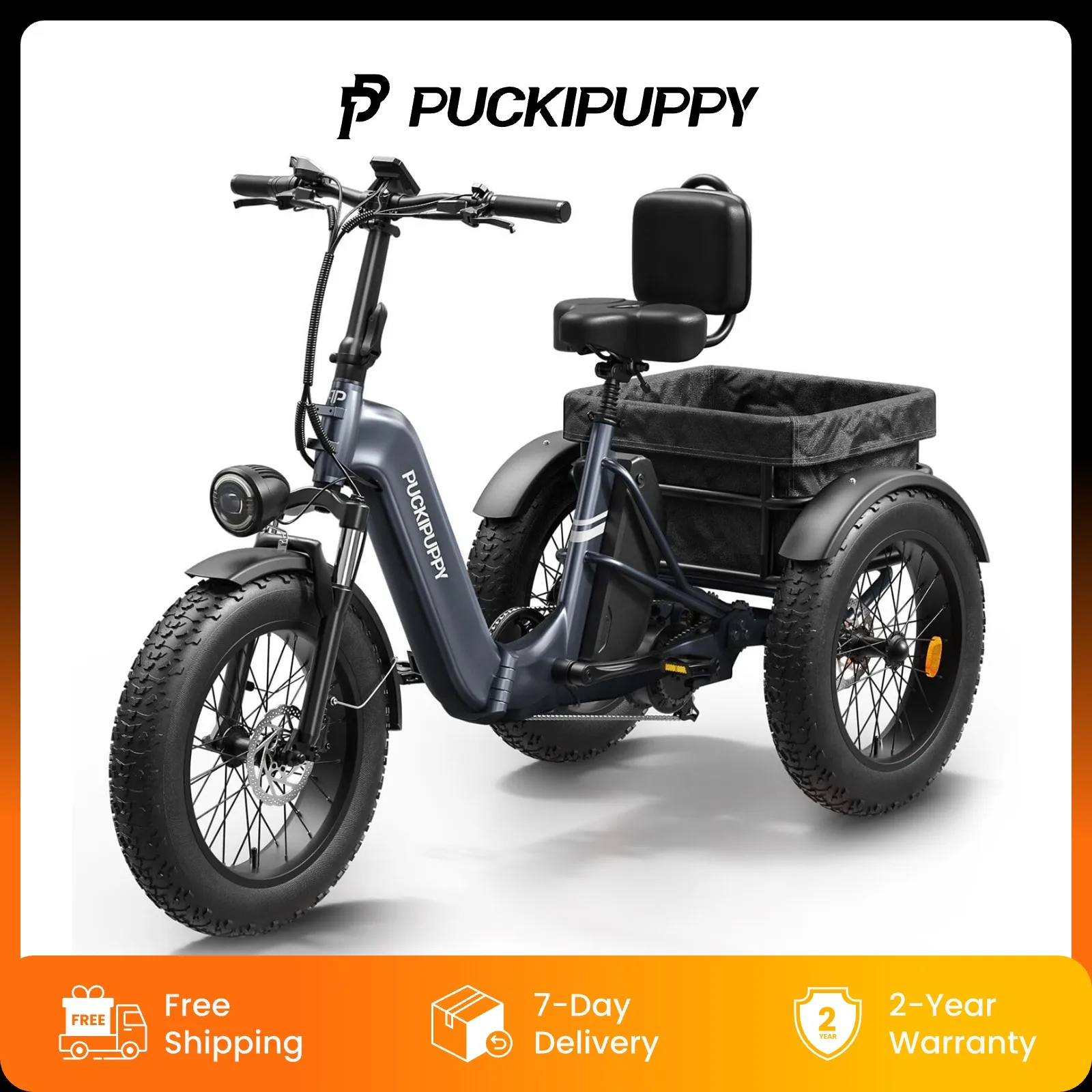 

PUCKIPUPPY Electric Tricycle for Adult with 960W Peak Motor 500 Lbs Load Electric Trike 60 Miles Range Pickup Class Trike