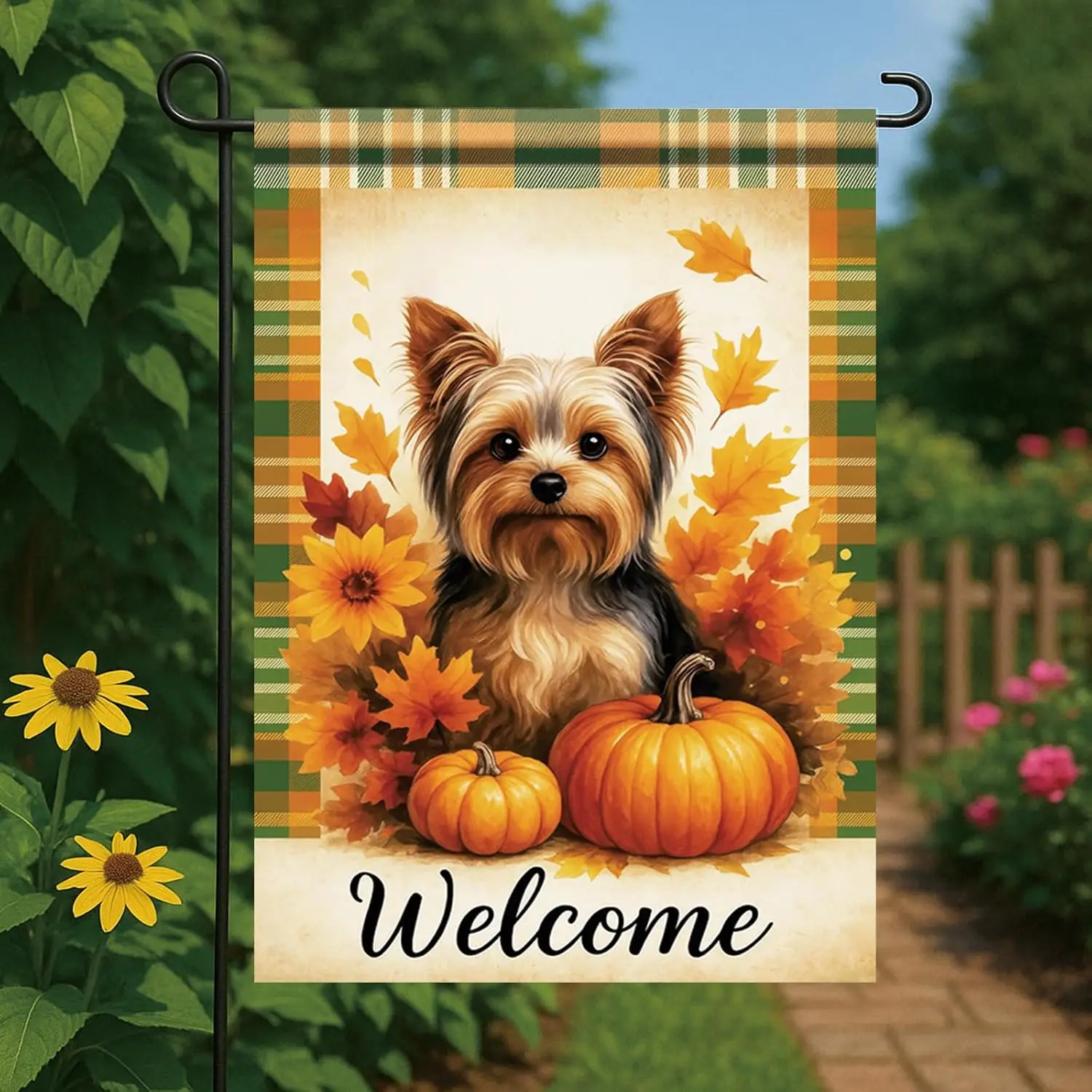 Thanksgiving Fall Garden Flag Yorkshire Terrier Dog Flag 12x18 Inch Double-Sided Pumpkin Plaid Leaf Yard Banner Autumn Outdo PPZ