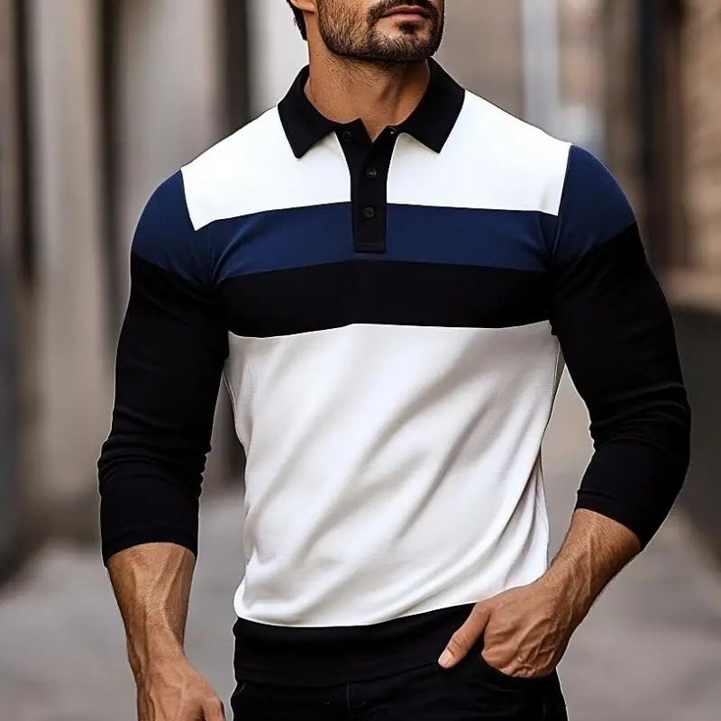 

Мужские рубашки поло с длинными рукавами и цветными блоками, модные повседневные удобные пуловеры, топы, осенне-зимняя уличная уличная деловая одежда