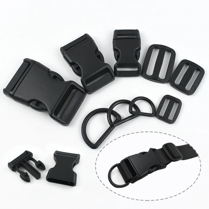 

2-10Sets Backpack Webbing Straps Release Buckles 15/20/25mm D Ring Black Plastic Click Adapter Belt Adjust Tri-Glide Slider Hook