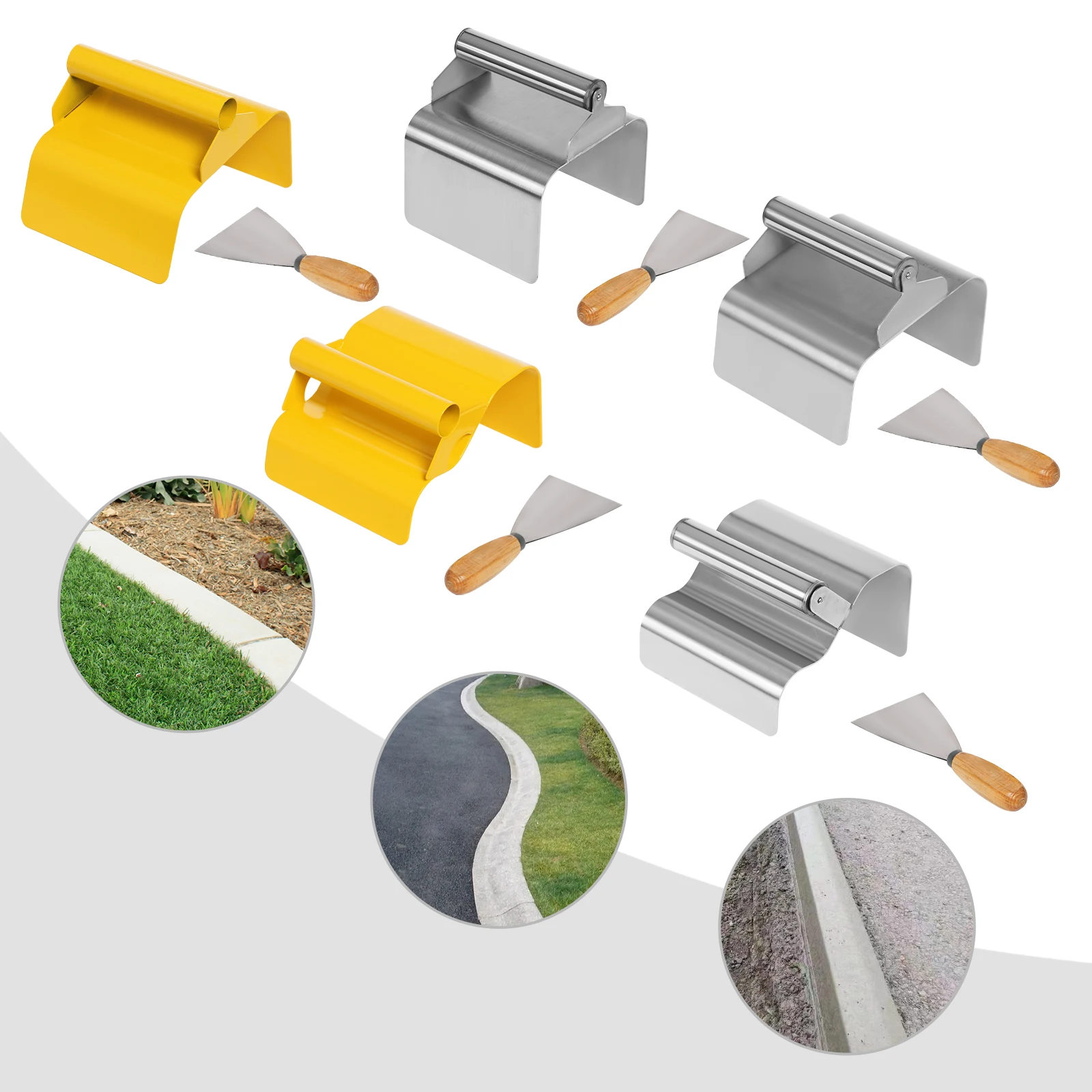 

Мастерок для отверждения бетона из нержавеющей стали 201, серебристый/желтый плоский/волновой формы/формовый лепестковый шпатель для пейзажного бордюра для дороги, земли