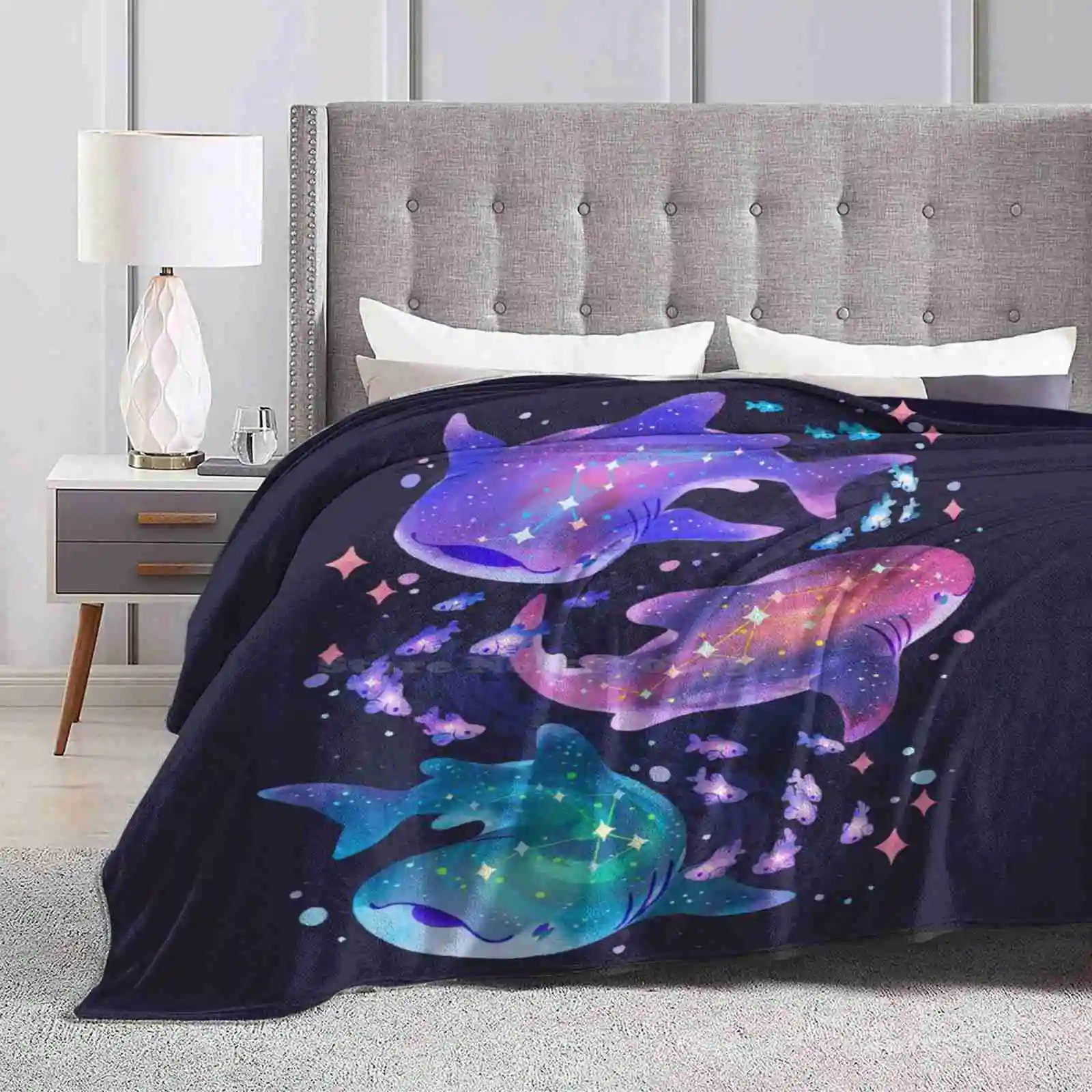 Cosmic Whale Shark New Selling Custom Print Flannel Soft Blanket Cosmic Space Stars Fishies Sharks Whale Shark Purple Cute