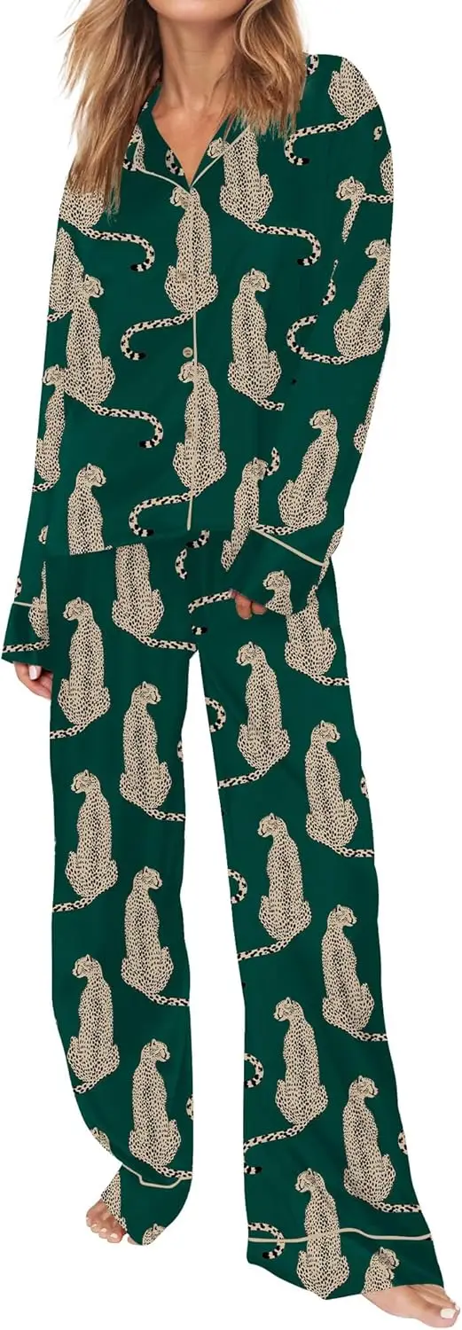 

SHESHOW атласный пижамный комплект для женщин, пижамный комплект на пуговицах с длинными рукавами, комплект из 2 предметов, одежда для дома, одежда для сна с животными, XS-XXL