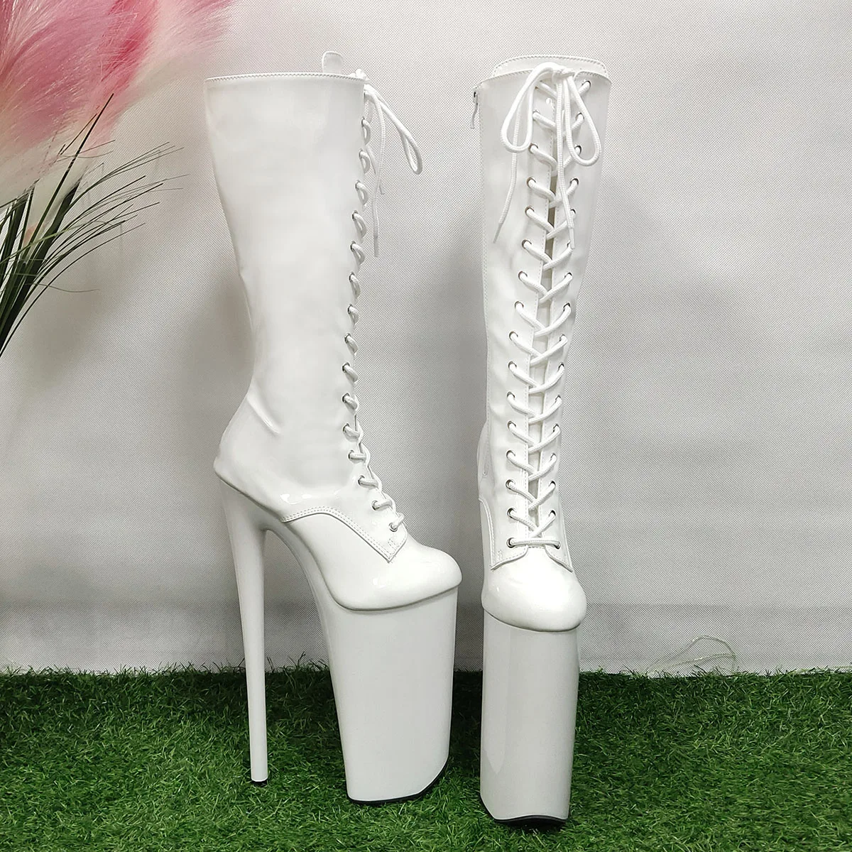 Crossdress Women Shoes Mid-Calf Strip Open Toe Pole Dance 26cm Thigh High Boots White Exotic Platform Round Toe Gothic Catwalk