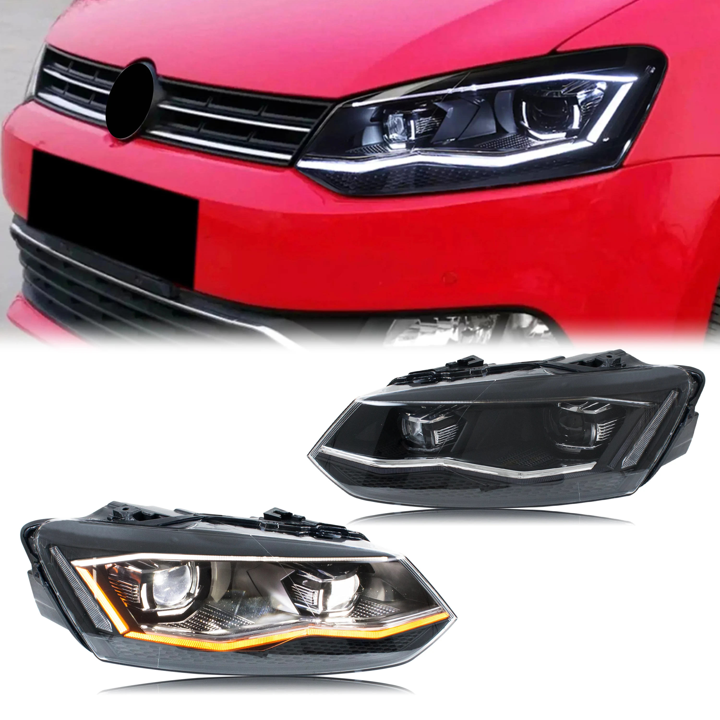 LED-Scheinwerfer für Volkswagen VW Polo MK5 MKV TSI TDI 2011-2017 DRL Projektor Silberlinie Frontleuchten-Set [Nicht passend für GTI/R]